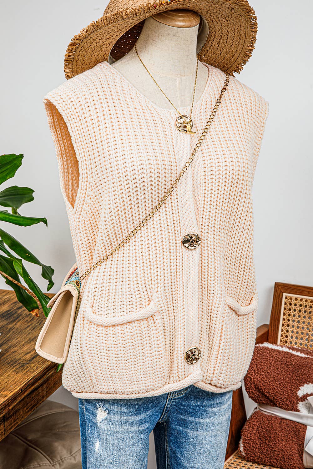 fashionworks - Wholesale Sweater Vest - Women's - Fashion-W Textured Knit Side Pockets Button Sweater Vest8