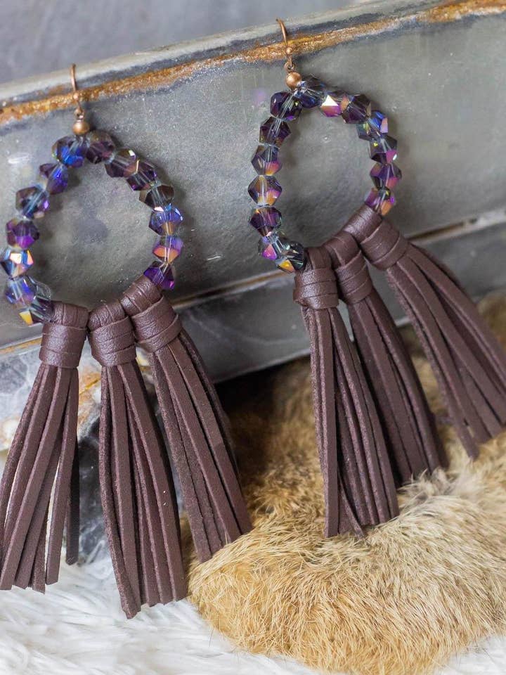 Willa Leather Tassel Earrings with Deep Purple Iridescent for wholesale by Cheekys Brand
