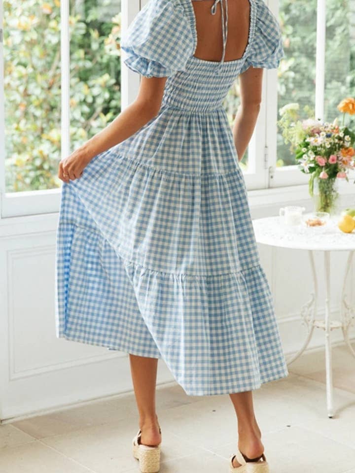 Rosa Clothing - Wholesale Dress - Women's - Textured Gingham Puff Sleeve Tiered Midi Dress5