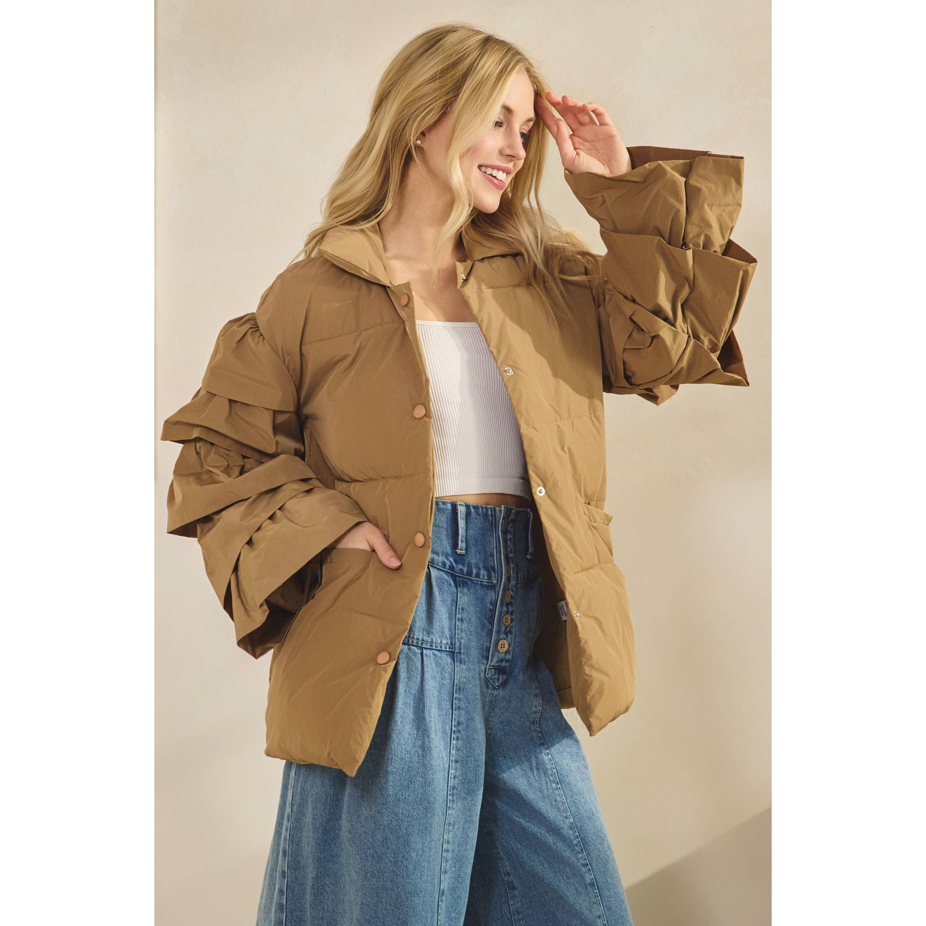 Veveret - Wholesale Jacket - Women's - Tiered Ruffle Long Sleeve Padded Jacket2