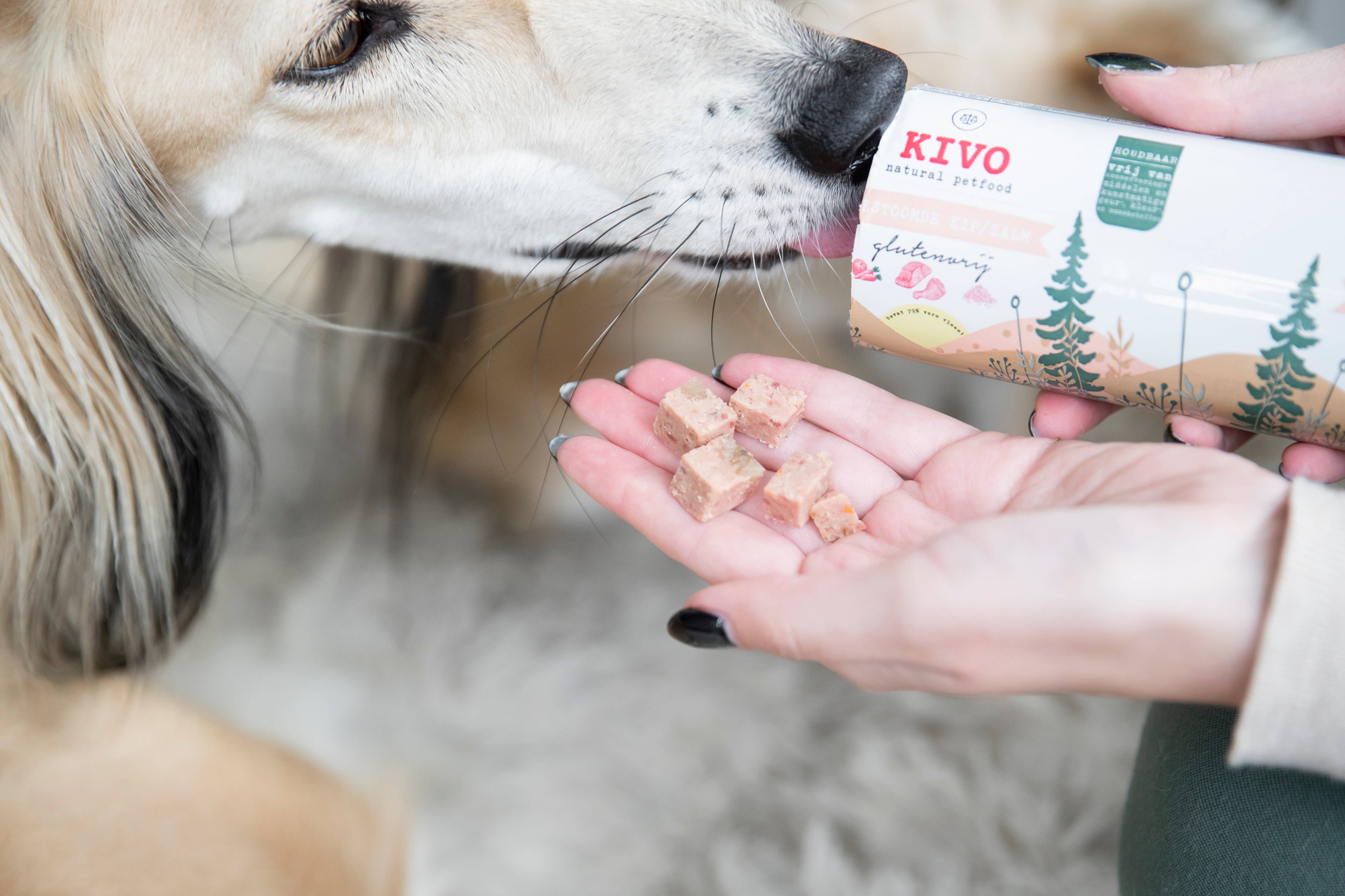 Kivo Petfood - Vente Nourriture – chien - Saucisse cuite à la vapeur poulet et saumon, sans gluten, stable à température ambiante3