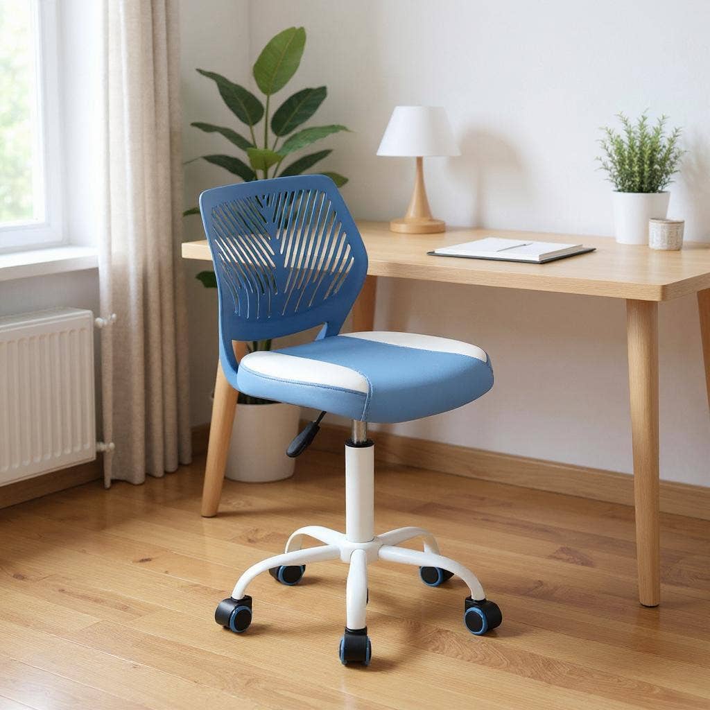 HomeRoots - Vente Chaises - Chaise de bureau pivotante à roulettes réglable en hauteur bleu et blanc1