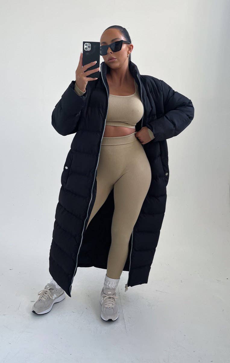 Femme Luxe – wholesale Coat – Women’s – Black Longline Maxi Zip Up Puffer Coat - Heather1