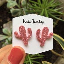 Pendientes acrílicos brillantes de cactus rosa para venta al por mayor de Kate Tuesday Jewelry