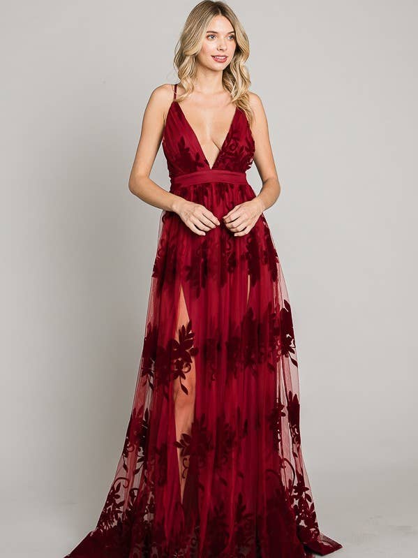 Fascination by Intrend - Wholesale Dress - Women's - FSD80112-STK V-Neck Sleevelss Velvet Print Maxi Dress3