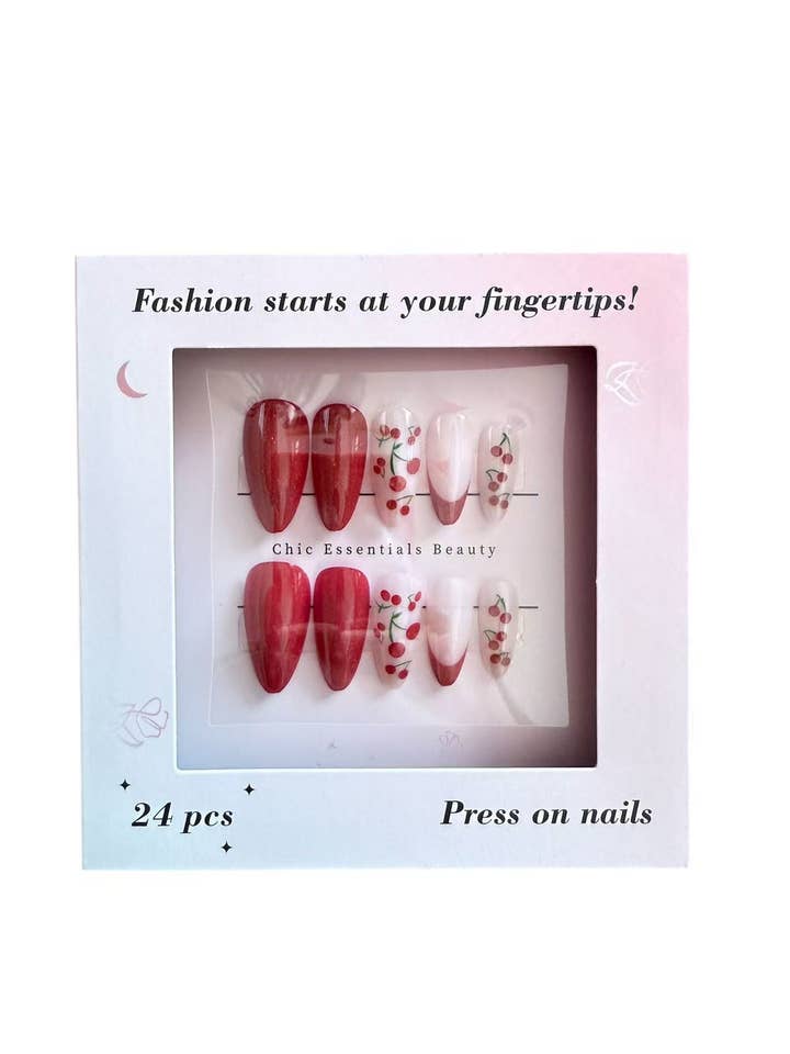 Cherry Accent Press On Nails (24pcs) for wholesale by Chic Essentials Beauty