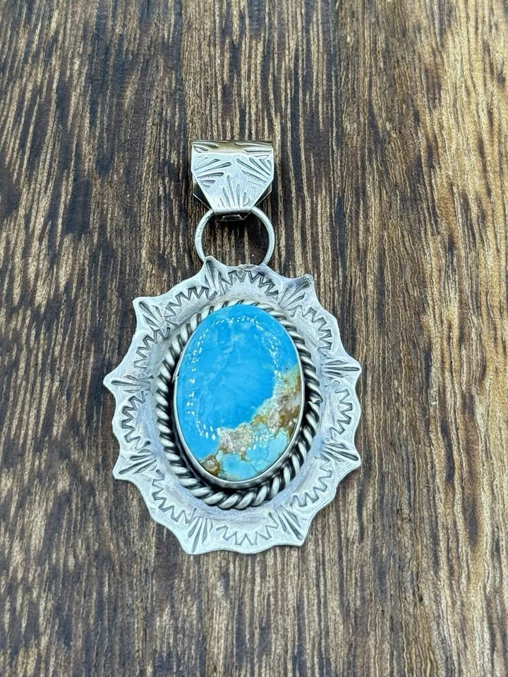 Native Navajo Handmade Sterling Silver Blue Bird Turquoise Stamped Drop Pendant for wholesale by Native City Jewelry