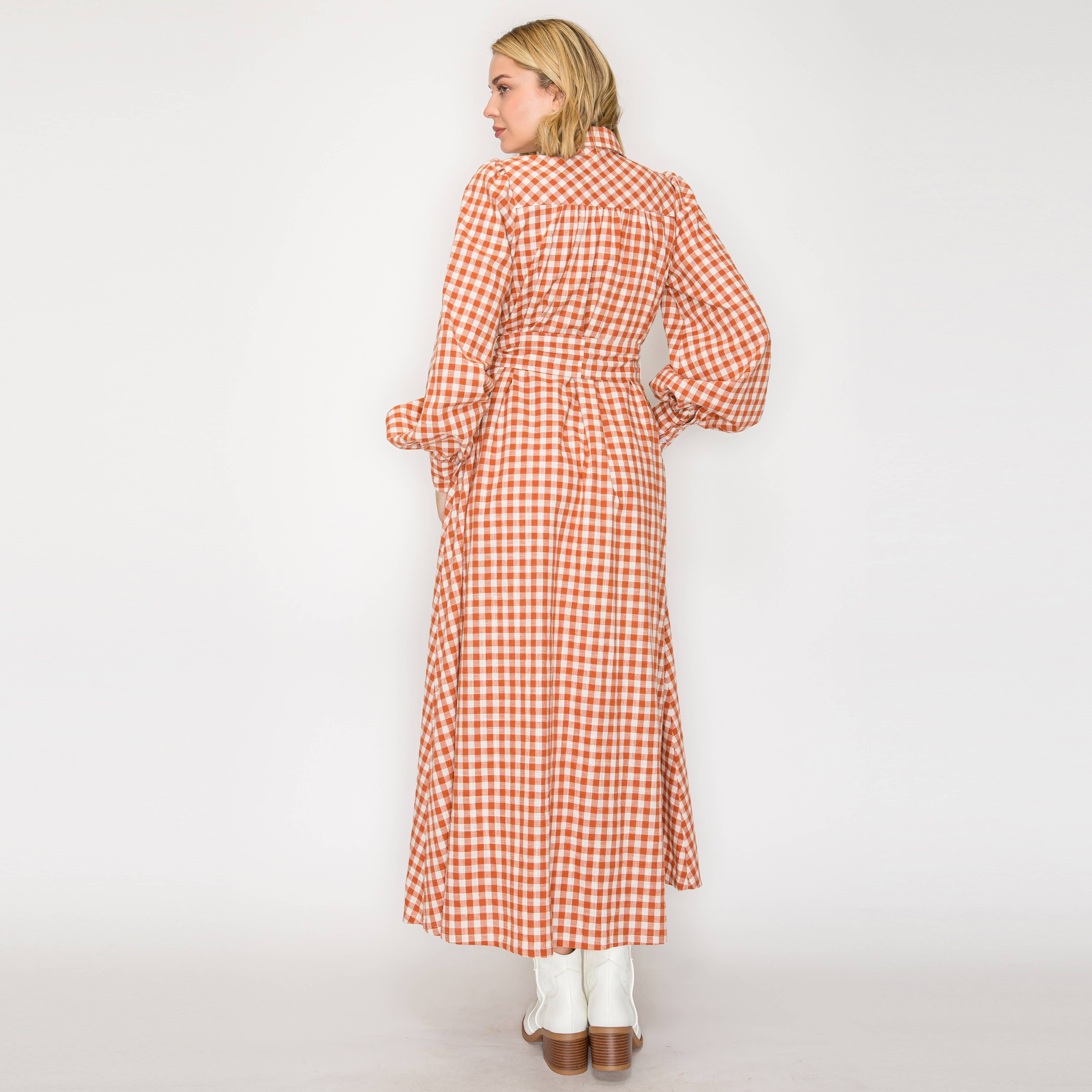 LoveWednesday - Wholesale Dress - Women's - Rust Gingham Daydream Maxi Shirt Dress - LWD31913