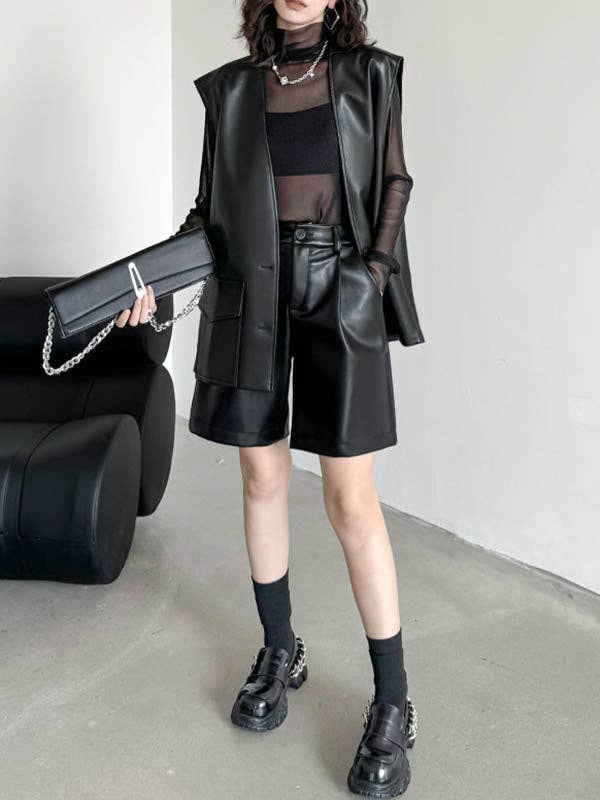 BLACK Loose Straight Leg High-Waisted Pleated Split-Joint Shorts for wholesale on Faire7