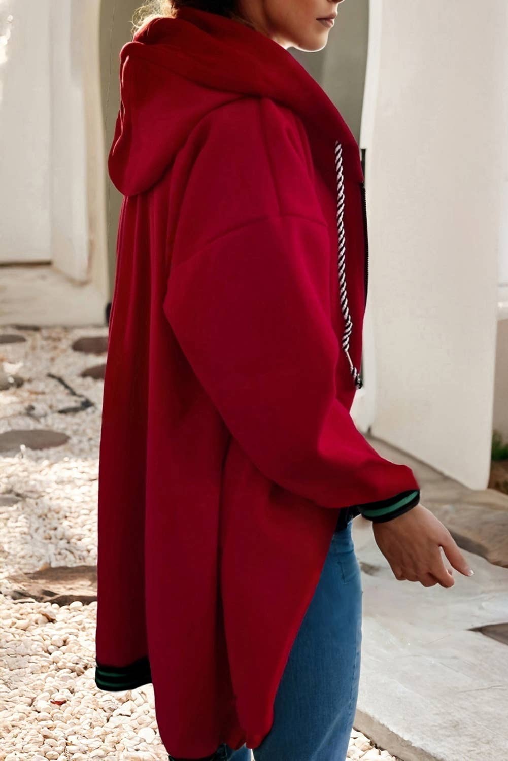 Racing Red  LDC Contrast Cuffed Drawstring Hooded Zip Up Sweatshirt for wholesale on Faire2