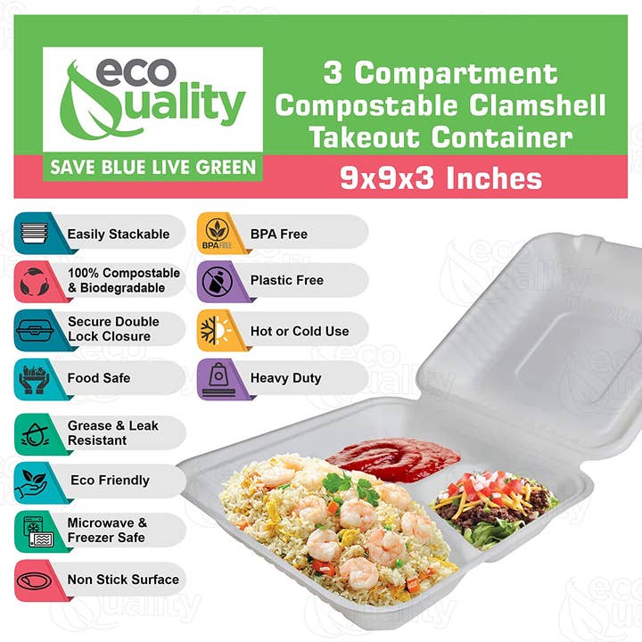 EcoQuality - Wholesale Food storage container - Compostable 3-Compartment Rectangular Hinged Clamshell 9x9x31