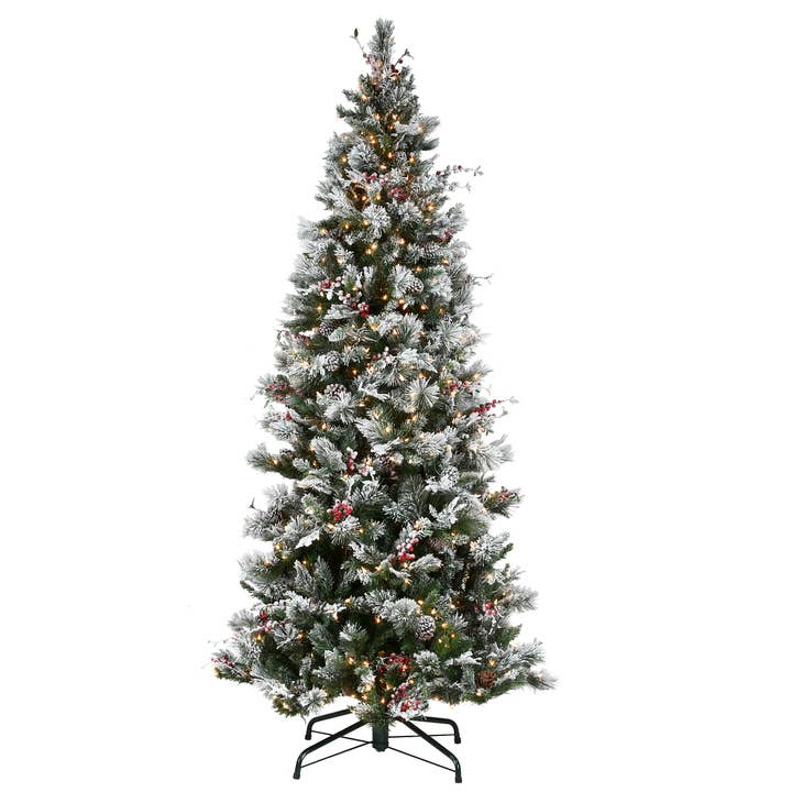 9ft. Pre-Lit Snowy Bedford Pine Hinged Tree with PowerConnect Clear Lights, Plug-In for wholesale by National Tree Company