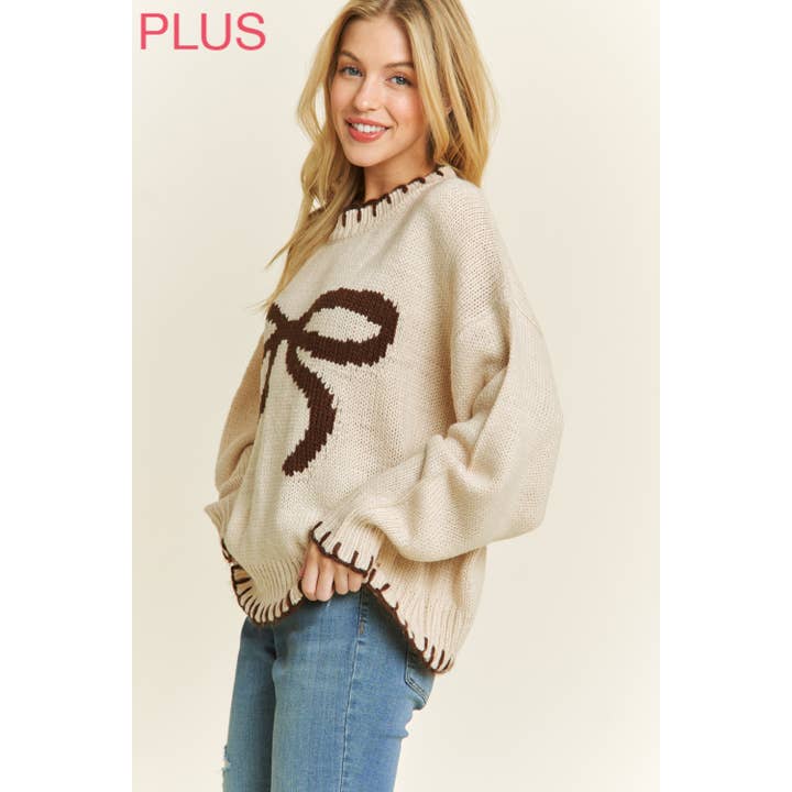 Sweet Generis - Wholesale Knit Sweater - Women's - PLUS HOLIDAY BIG BOW SWEATER PULLOVER WITH CONTRAST EDGE STI4