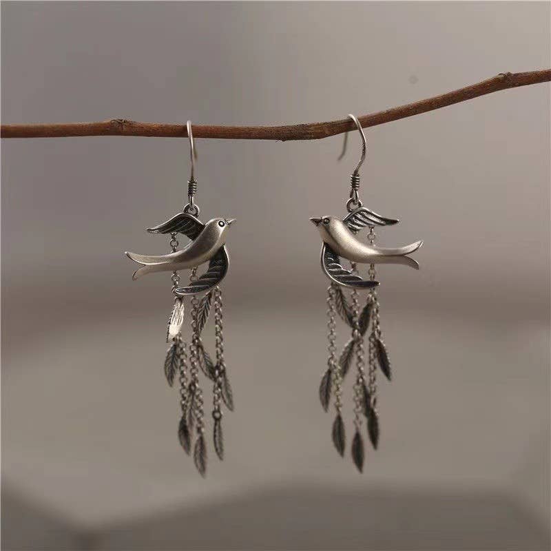Silver Willow Leaf Swallow Tassel Long Earrings for wholesale on Faire