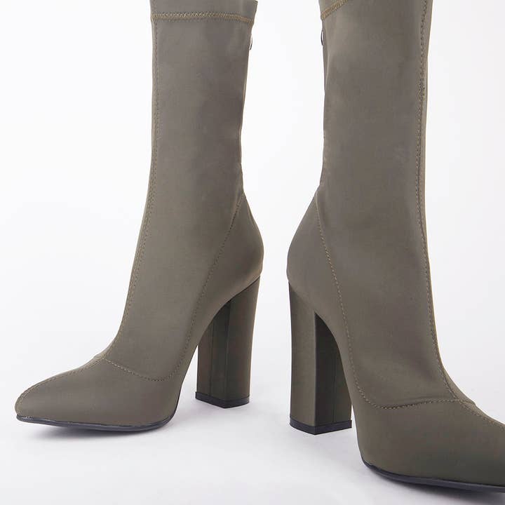 Shuzee - Wholesale Booties - Women's - Alicia Khaki Pointed Block Heel Ankle Boots