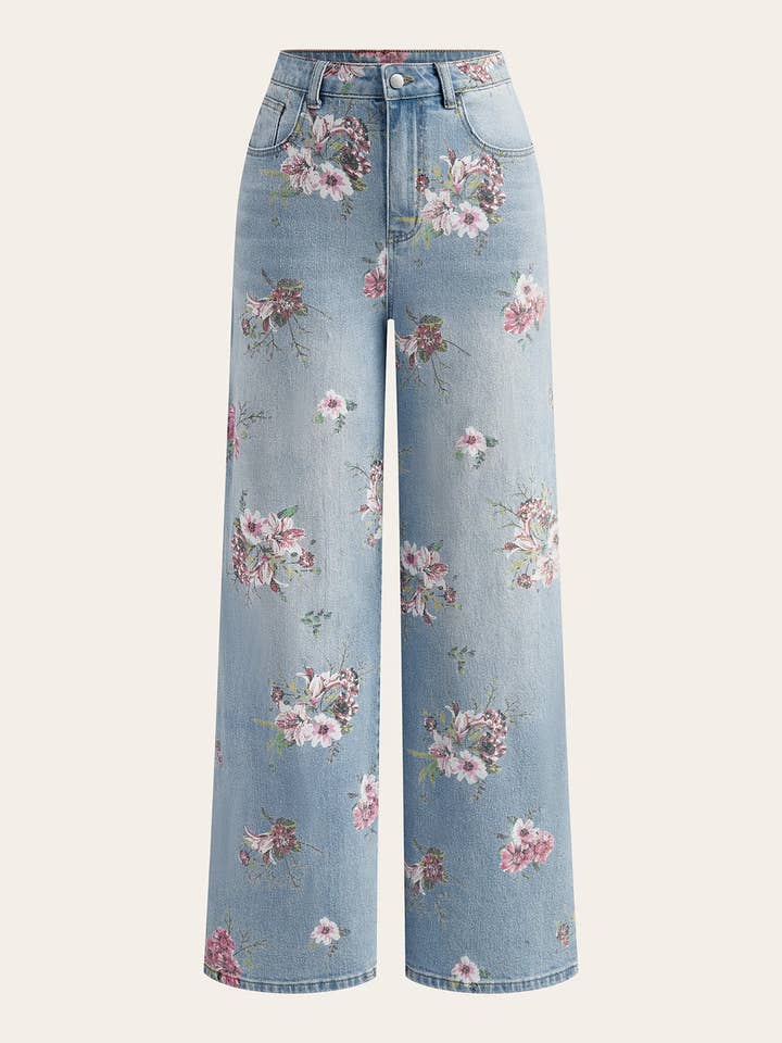 Blue Botanical floral print straight wide-leg jeans for wholesale on Faire0