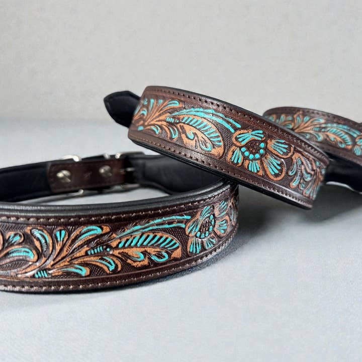 Western leather dog collar with Turquoise Floral details by Double B Wild Rags for wholesale by Double B Wild Rags