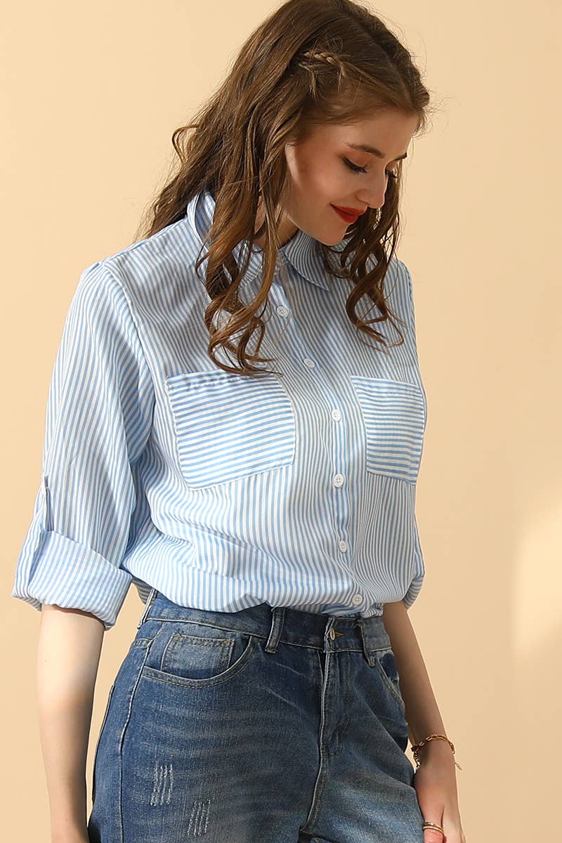 NINEXIS - Wholesale Button Down Shirt - Women's - CWTSTL716_Striped Button Down Long Sleeve Collared Shirts15