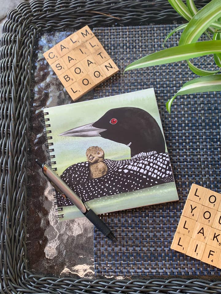 Loon and Chick 6" x 6" Watercolor Art Lined Notebook for wholesale by Firefly Sky Design