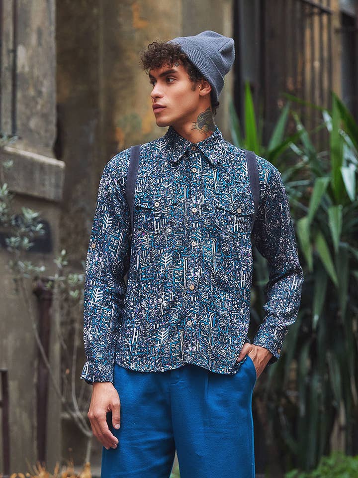 Long Sleeve Bohemian Printed Men's Shirt Petrol for wholesale by BohoClandestino