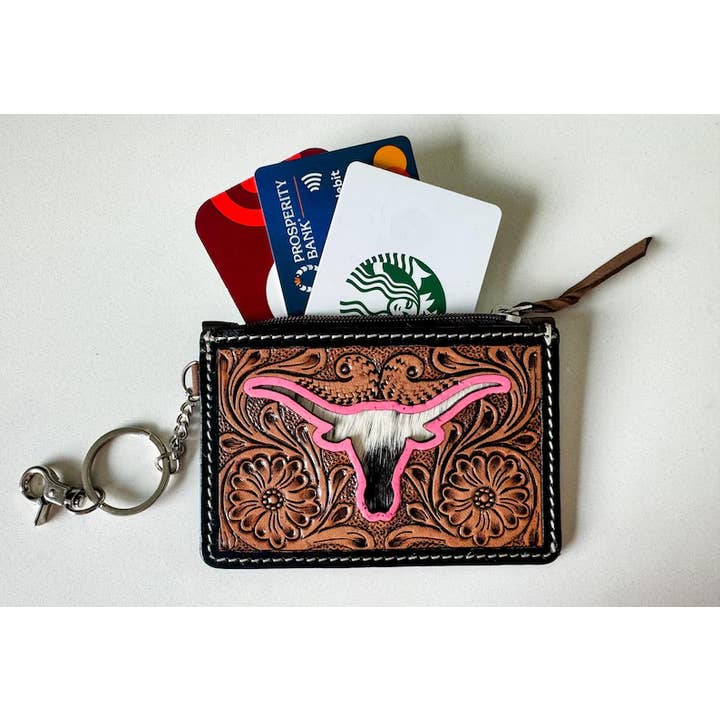 Boho Ranch Shop - Wholesale Wallet - Women's - Tooled Leather Keychain Wallet Thunderbird Longhorn Bow Hat