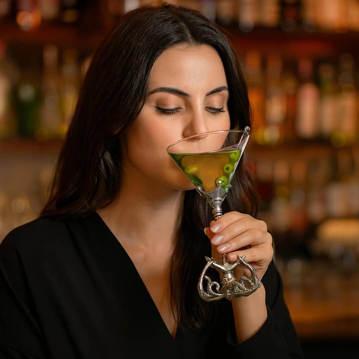 The Wine Savant / Khen Glassware - Wholesale Cocktail/Liquor Glass - Pewter Kraken Octopus Martini Glass with Anchor Base2