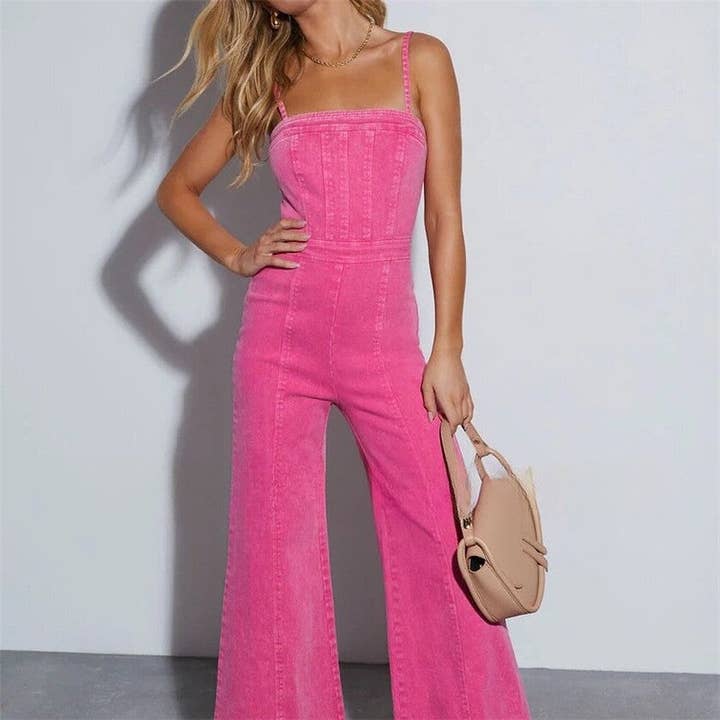 FurDecoration - Wholesale Jumpsuit - Women's - Solid Color Denim Slim Fit High Elastic Flared Jumpsuit