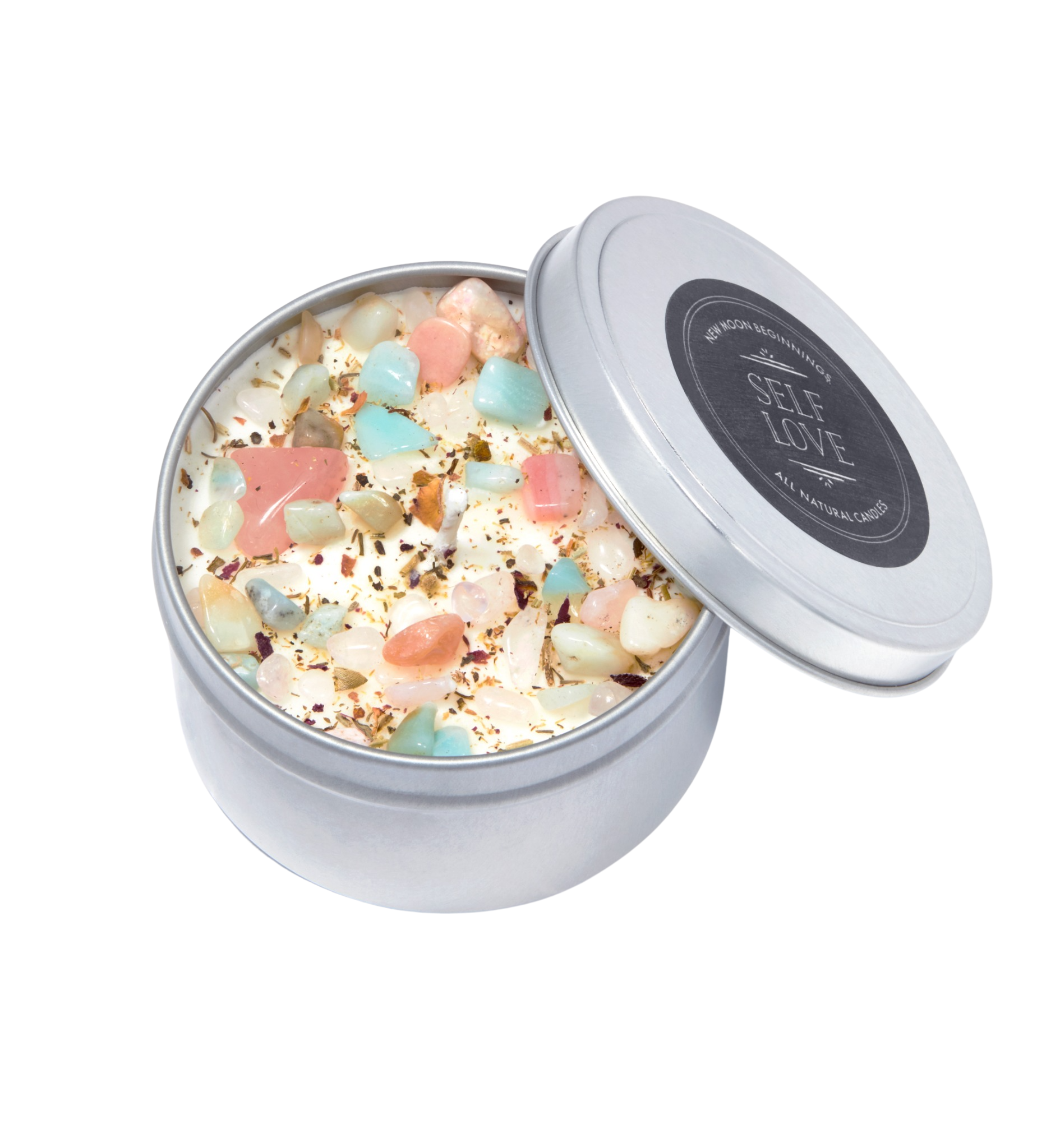 New Moon Beginnings - Wholesale Jar/Filled Candle - Self Love Candle - Dried Flower, Herb, & Crystal Candles5