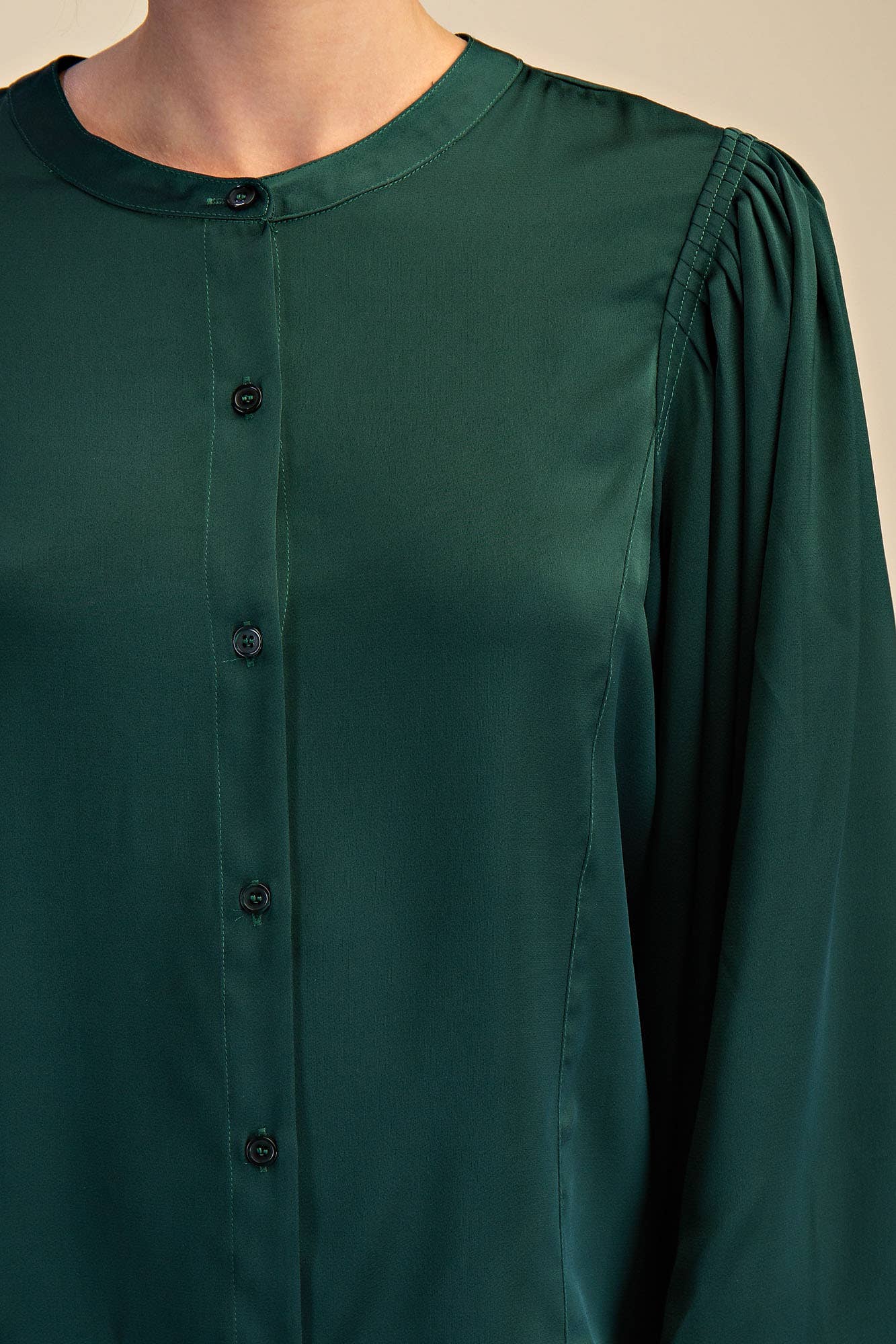 Glam - Wholesale Blouse - Women's - Round Neck Button Down Puff Long Sleeve Satin Top5