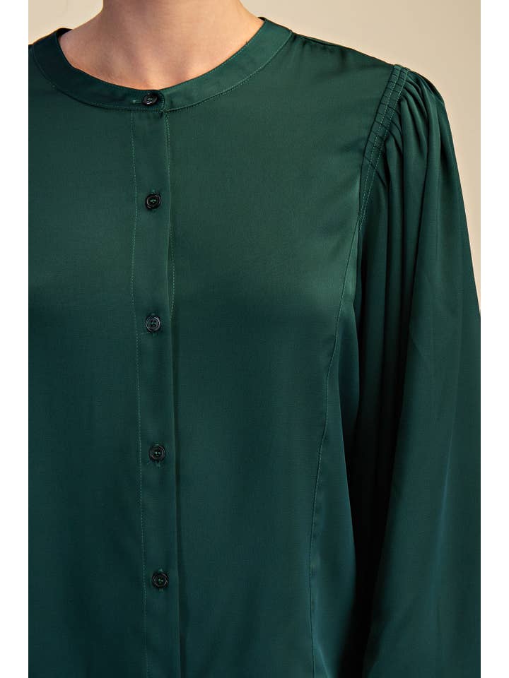 Glam - Wholesale Blouse - Women's - Round Neck Button Down Puff Long Sleeve Satin Top5