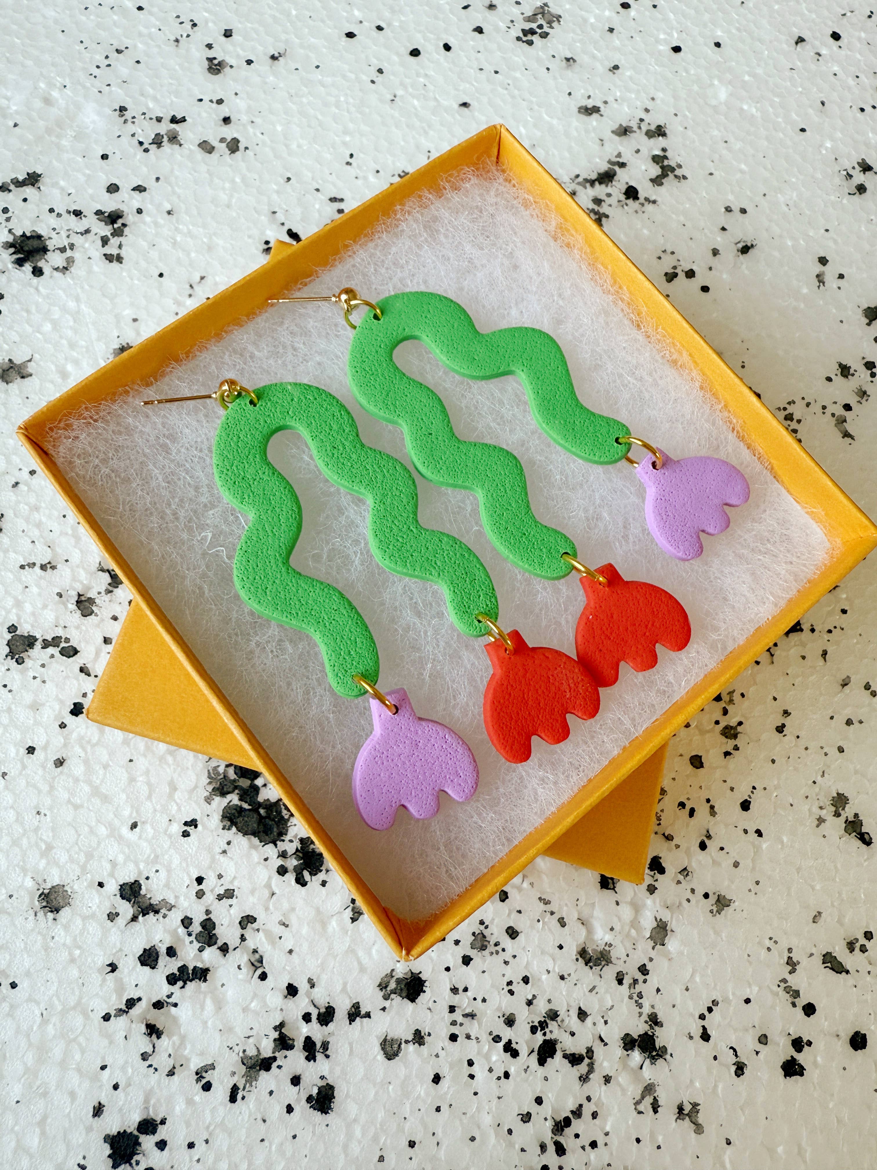 Lemon Lee Studio - Wholesale Dangle Earrings - Squiggle Tulip Earrings—Red and Violet1