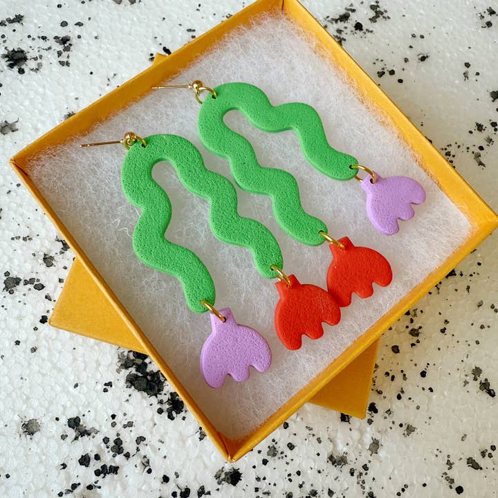 Lemon Lee Studio - Wholesale Dangle Earrings - Squiggle Tulip Earrings—Red and Violet1