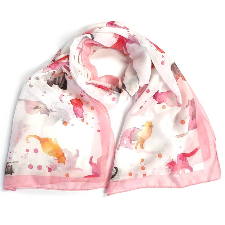 Watercolour Cat Scarf - Pink (50x180cm) for wholesale by Black Ginger