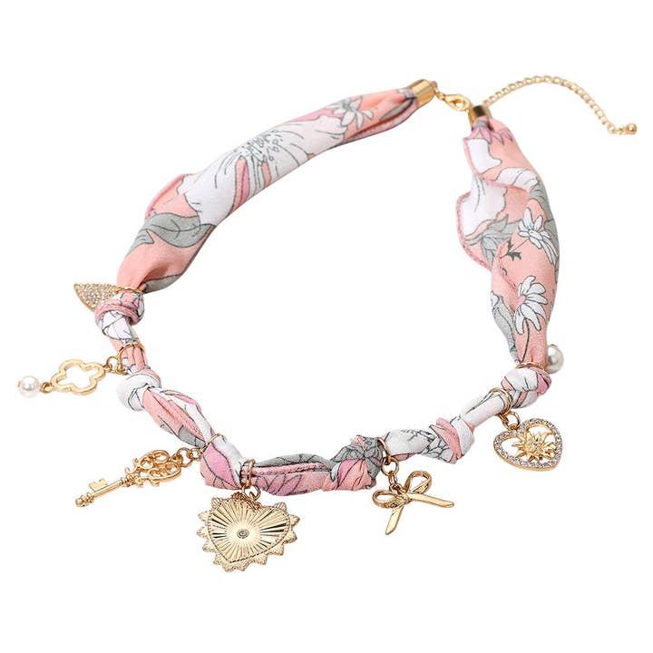 Sensibling Corp. - Wholesale Pendant/Charm Necklace - Metal Heart Bow Pearl Quatrefoil Key Charm Station Fabric Scarf Necklace1