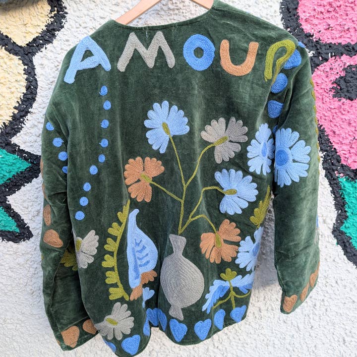 AMOUR Grön Sammet Suzani Kimono Broderad Boho Jacka för wholesale av Twinflower