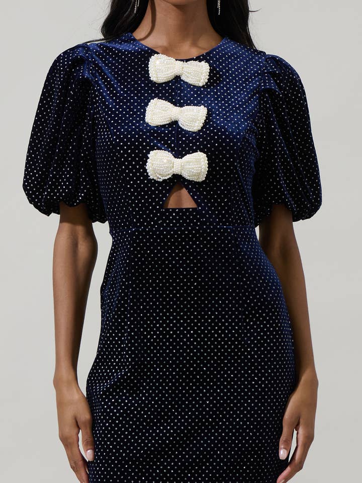 Navy Nelly Dot Velvet Pearl Bow Midi Dress for wholesale on Faire