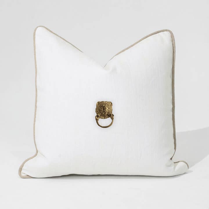 Creature Metal Gold Lion Head White & Natural Lounge Cushion 55 x 55cm for wholesale by BHD HOME