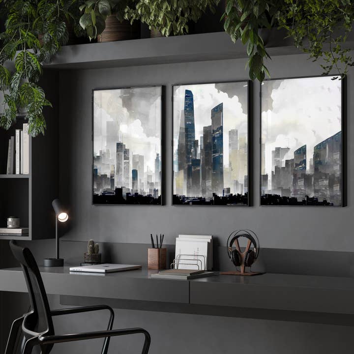 Contemporary Art Wall Decor | Set of 3 Urban Skyscrapers Wall art Prints for wholesale by About Wall Art