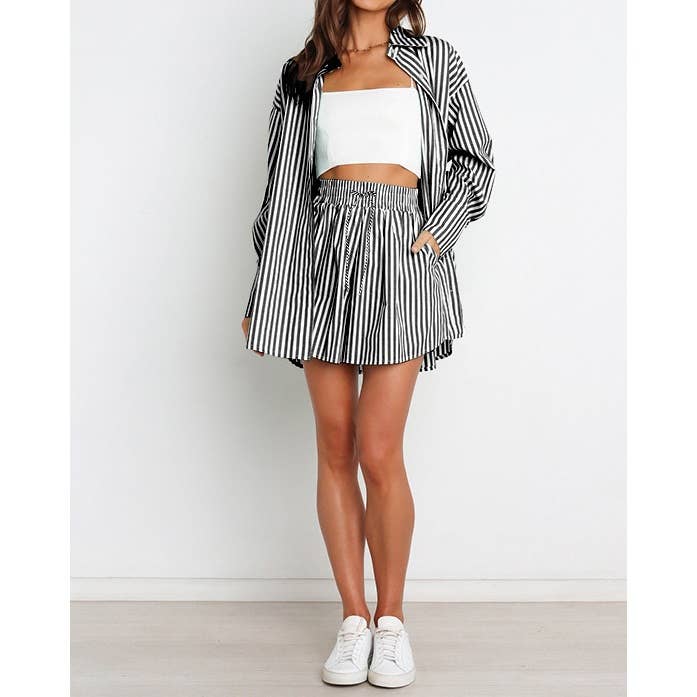 Mapcie - Wholesale Top & Pant Set (NOT Loungewear) - Women's - Striped Oversized Shirt and Drawstring Shorts Set17