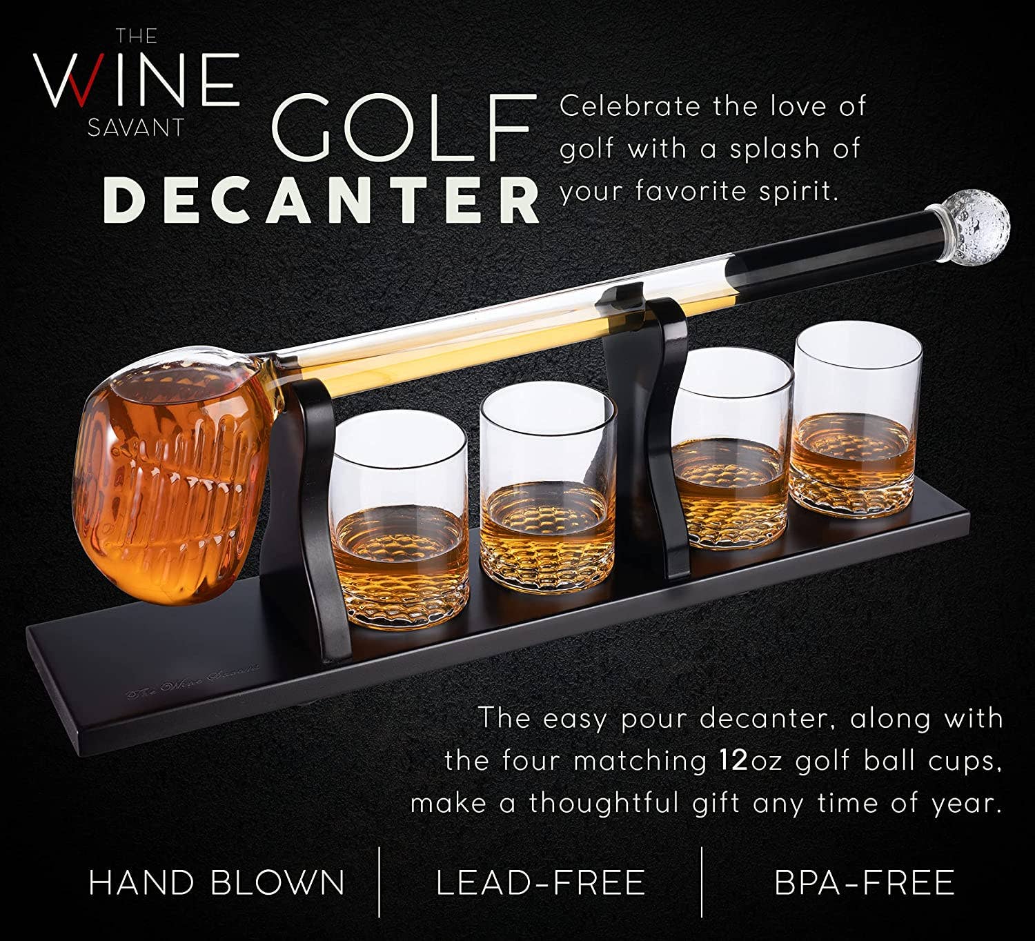 The Wine Savant /  Khen Glassware - Wholesale Cocktail/Liquor Glass - Golf Club Whiskey Decanter and 4 Liquor Glasses3