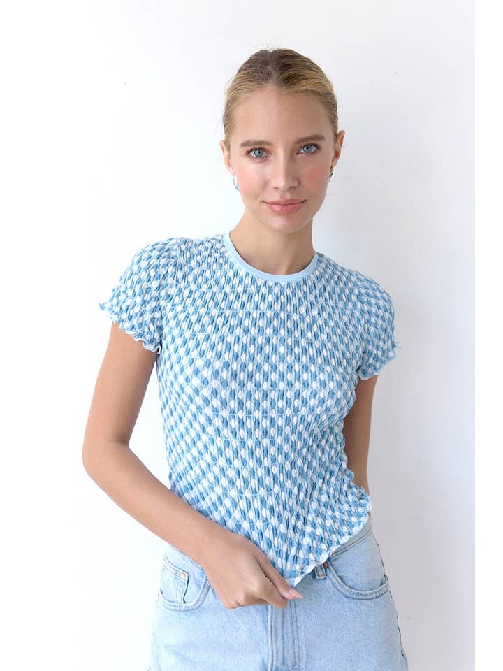SEA BLUE WHITE SPAN GINGHAM TEE - MT3028Y for wholesale on Faire