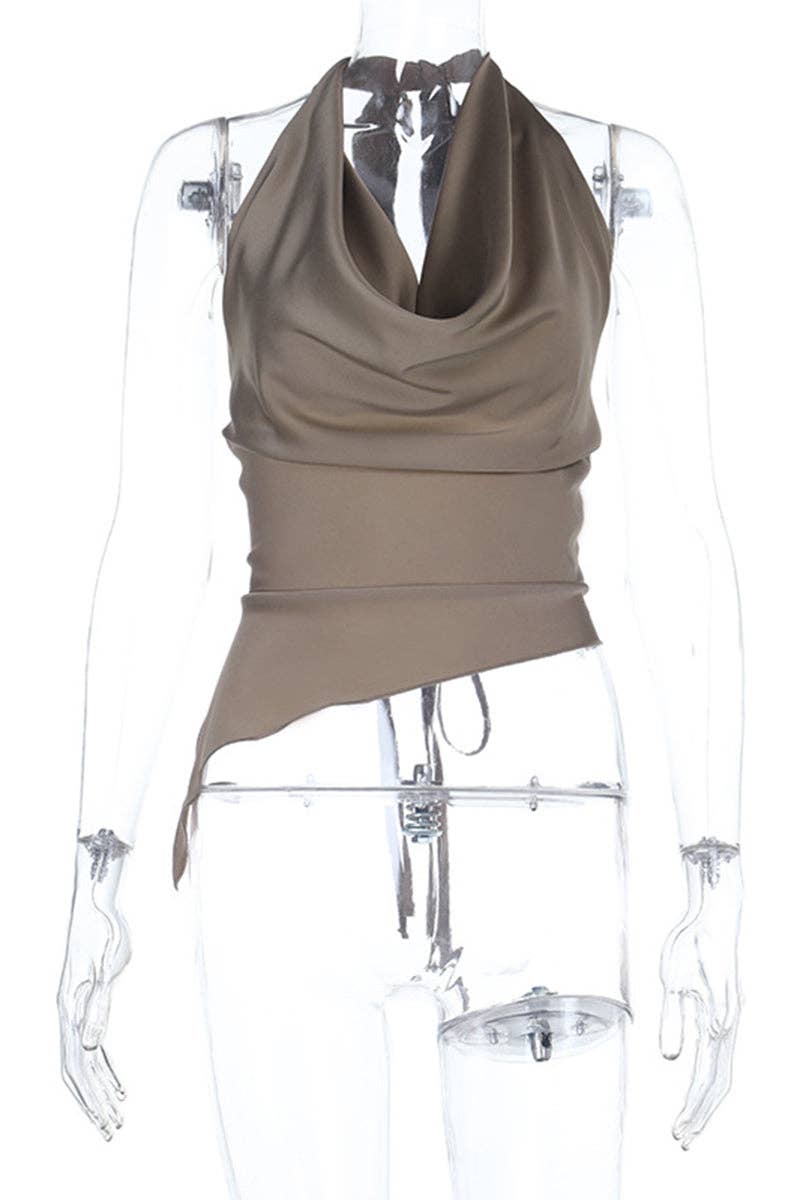BROWN Draped Halter Top with Asymmetrical Hem for wholesale on Faire4