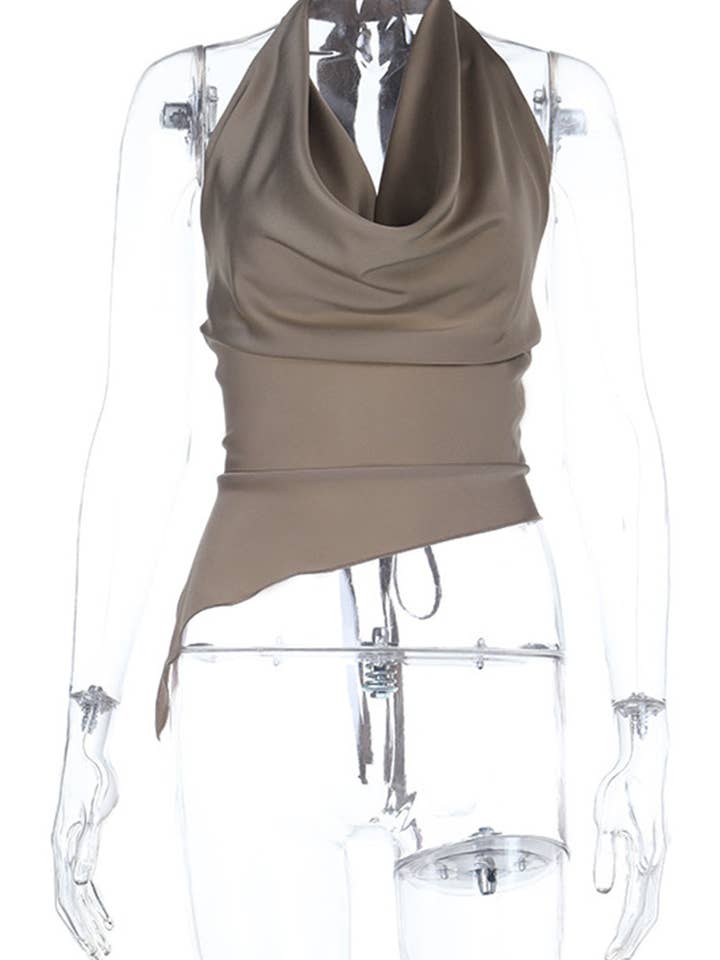 BROWN Draped Halter Top with Asymmetrical Hem for wholesale on Faire4