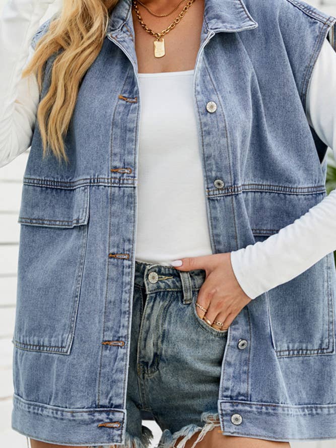 Open Front Pockets Sleeveless Denim Jacket MN08 for wholesale by UNISHE