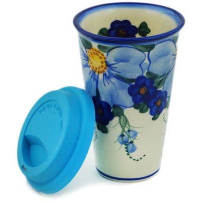 Polmedia Polish Pottery - Wholesale Coffee Mug - Travel Coffee Mug 6" Himalayan Blue Poppy Theme UNIKAT1