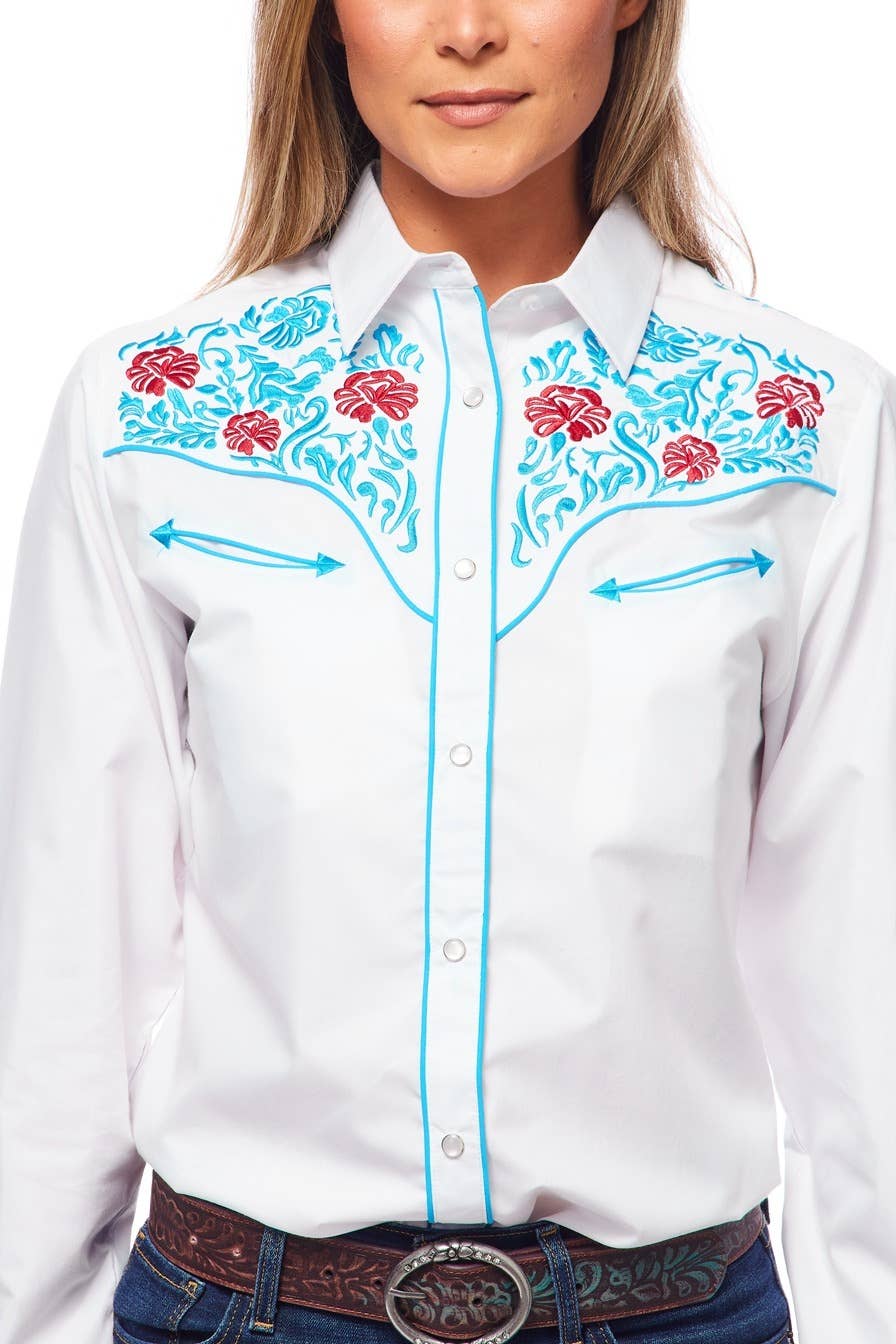 Rodeo Clothing - Vente Chemise à col boutonné – femme - Robe brodée à manches longues d'inspiration western pour femmes50