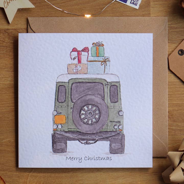 Defender Presents Christmas Card for wholesale by Lora Elan Illustrations