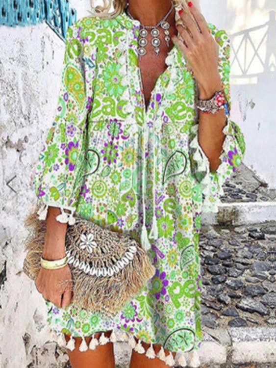 VividLux - Wholesale Dress - Women's - Women Print V Neck Tassel 3/4 Sleeve Shift Dress Bohemian Casual Knee Length Dress