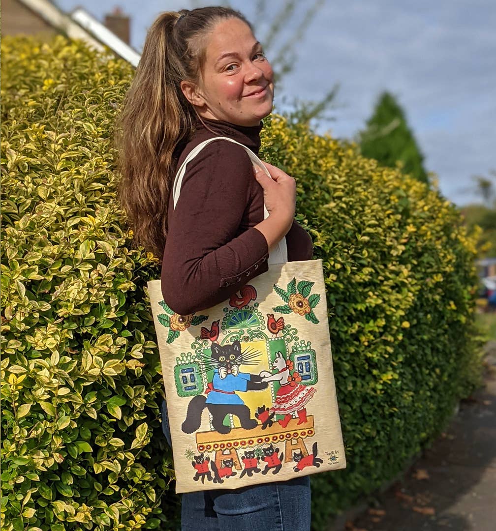 Kapelki Art - Wholesale Tote Bag - Unisex - Colourful Tote Bag Dancing Cats, same print on both sides2