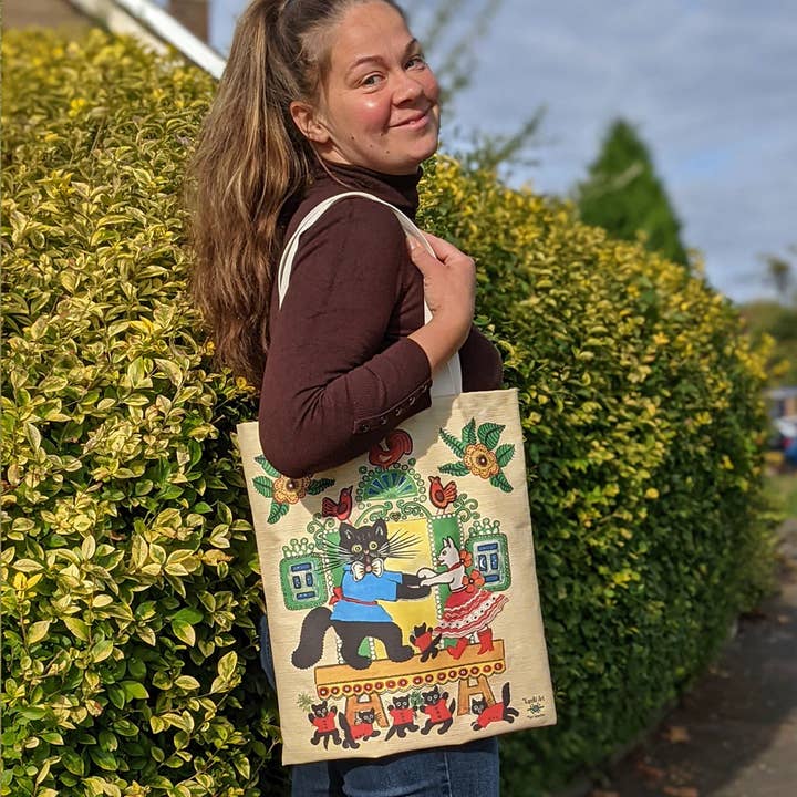 Kapelki Art - Wholesale Tote Bag - Unisex - Colourful Tote Bag Dancing Cats, same print on both sides2